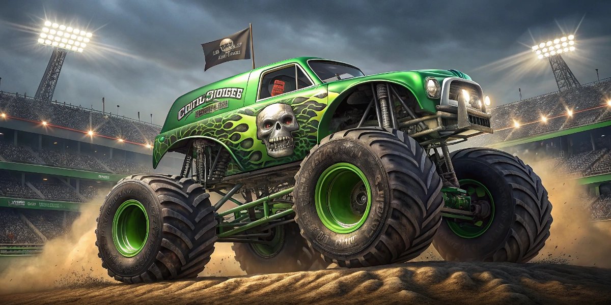 Monster truck with massive tires crushing cars at an event