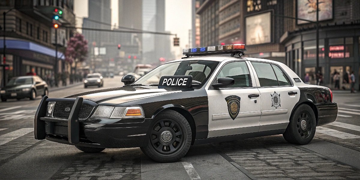 Black and white American police car with light bar on patrol