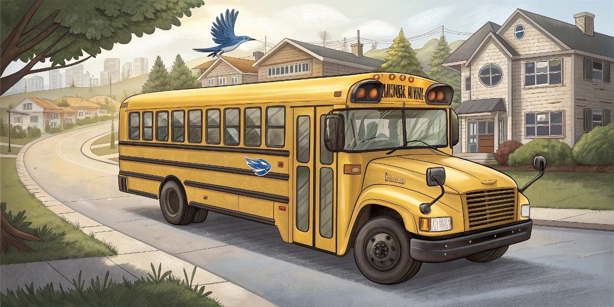 Yellow American school bus with stop sign extended and children walking nearby