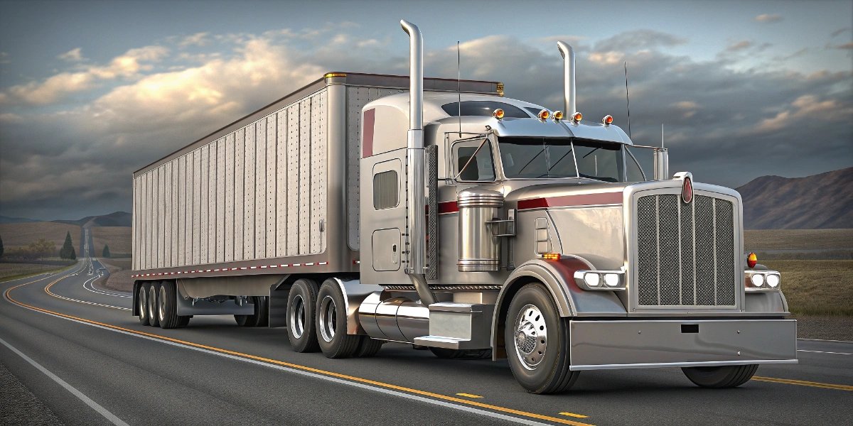 American semi-truck with 53-foot trailer on interstate highway