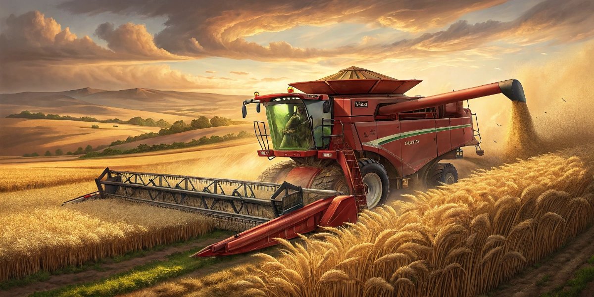 Large combine harvester working in a golden grain field in rural America