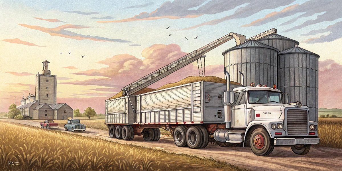 Grain truck unloading corn into a rural grain elevator hopper