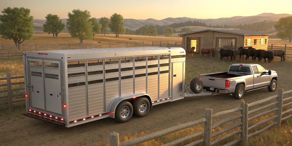 Pickup truck towing a livestock trailer along a rural American highway