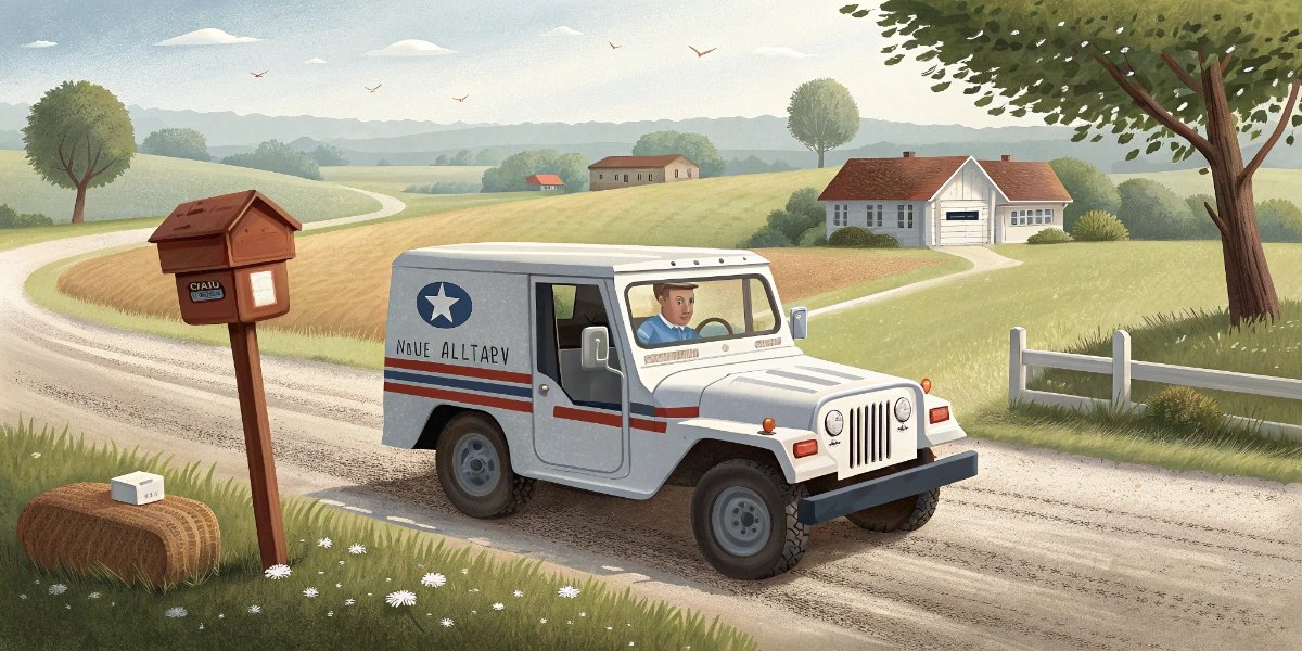 Rural mail vehicle stopping at roadside mailboxes on a gravel road