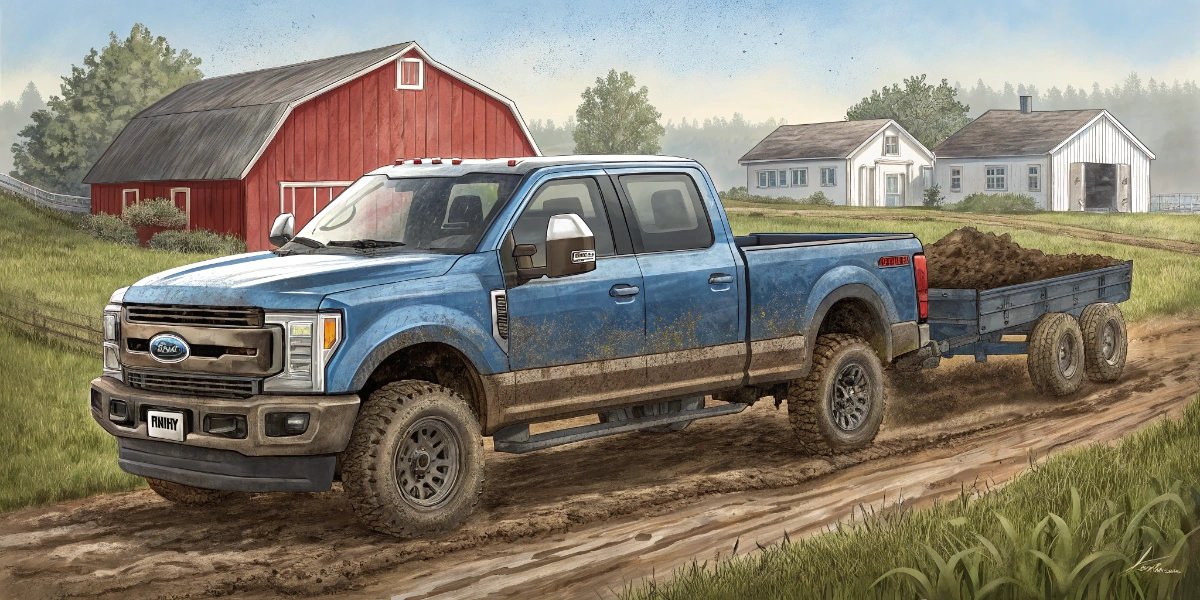 Mud-splattered farm pickup truck parked near a barn in rural America