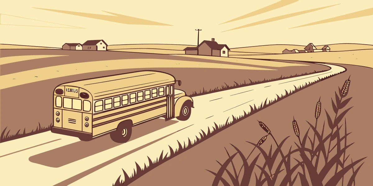 Yellow school bus driving along a rural American road past farm fields