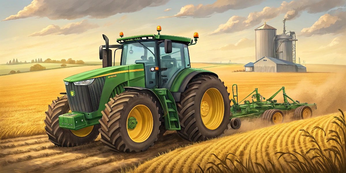 John Deere tractor working in a rural American farm field