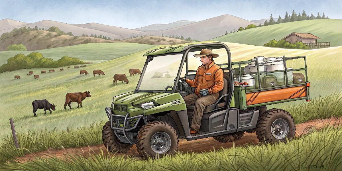 Utility terrain vehicle (UTV) loaded with supplies on a rural American farm