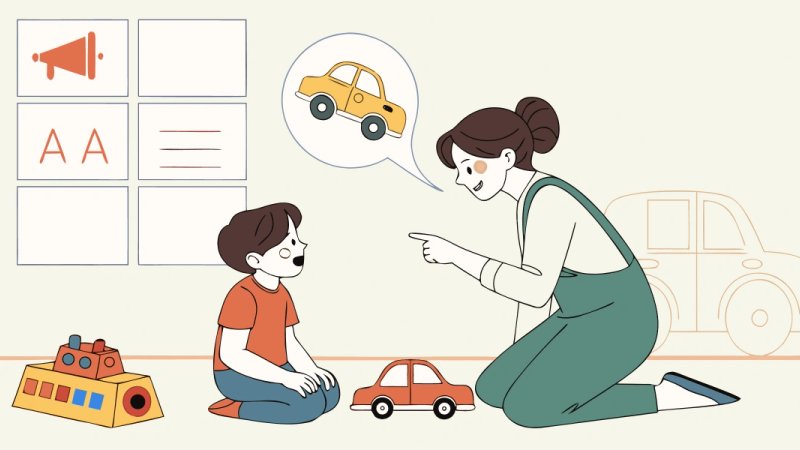 Toddler playing with toy vehicles while practicing speech sounds