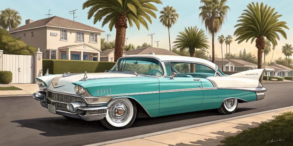 1950s Cadillac with tall tail fins and chrome parked on a city street