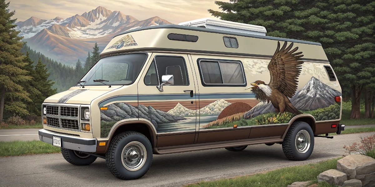 1980s custom conversion van with raised roof and retro graphics parked for a family road trip