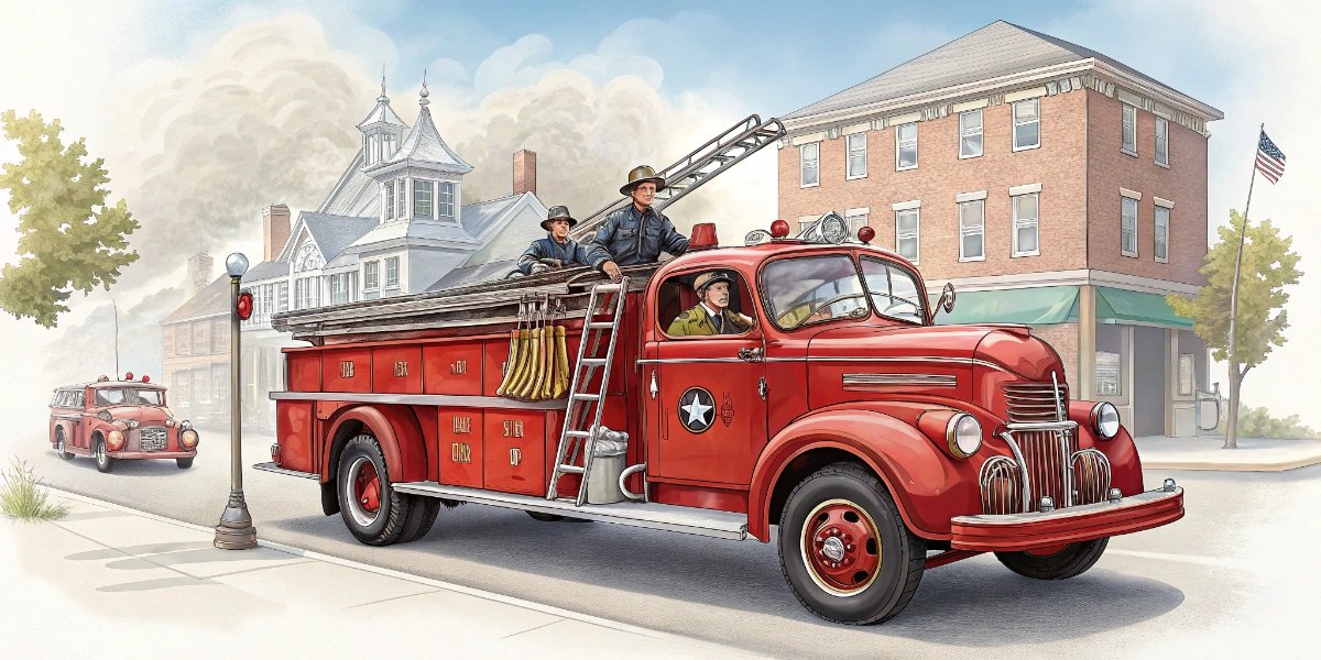 Vintage red fire truck from the mid-1900s with ladders and hoses