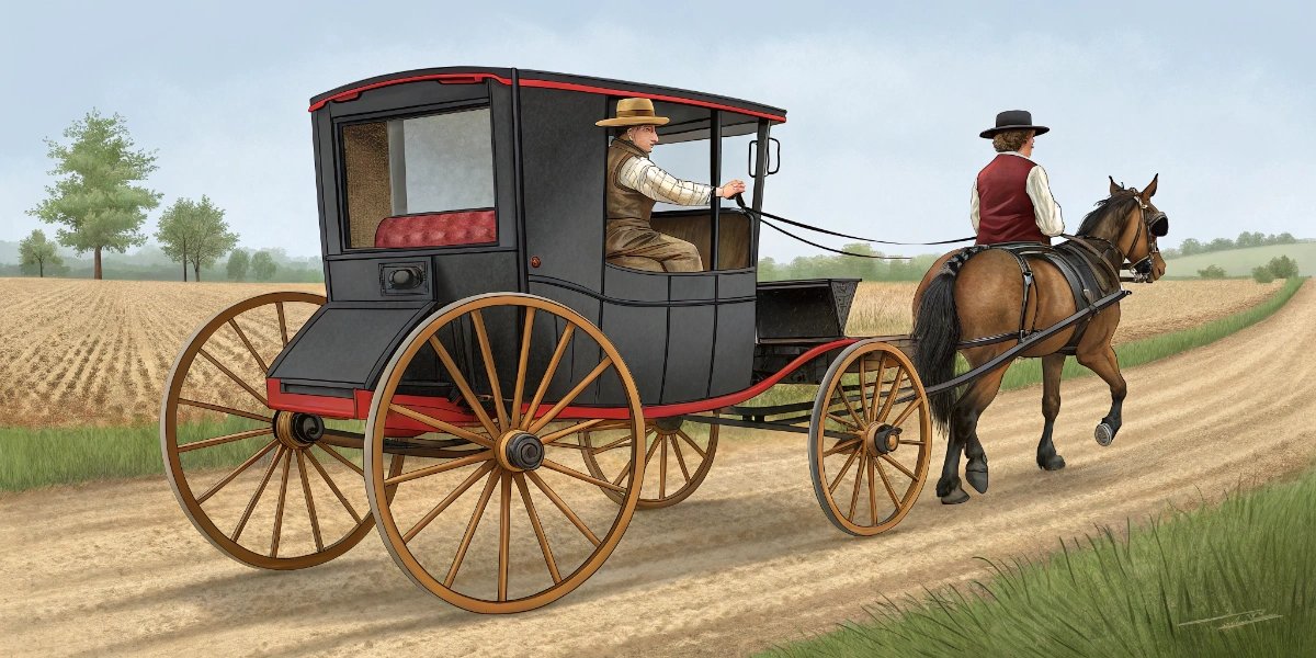 Vintage horse-drawn buggy traveling along a quiet country road