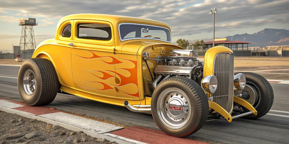 Classic hot rod with flames painted on the side speeding down a road
