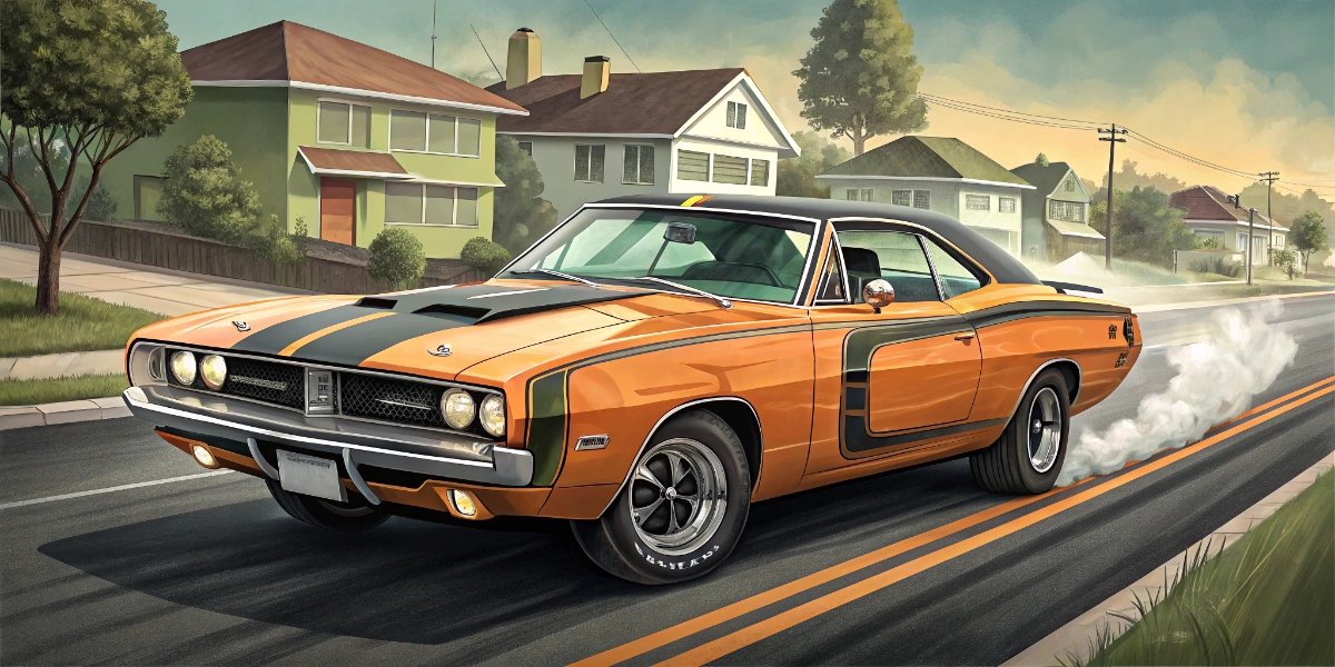 1960s muscle car launching off the line at a drag strip