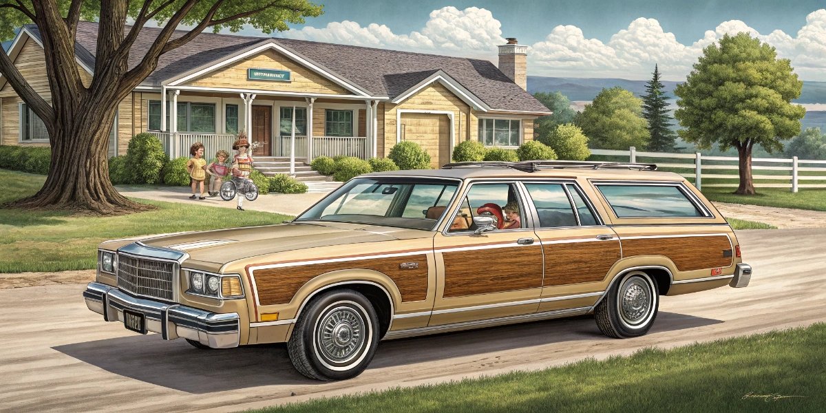 1970s family station wagon with wood-grain trim and kids riding in the rear way-back seat